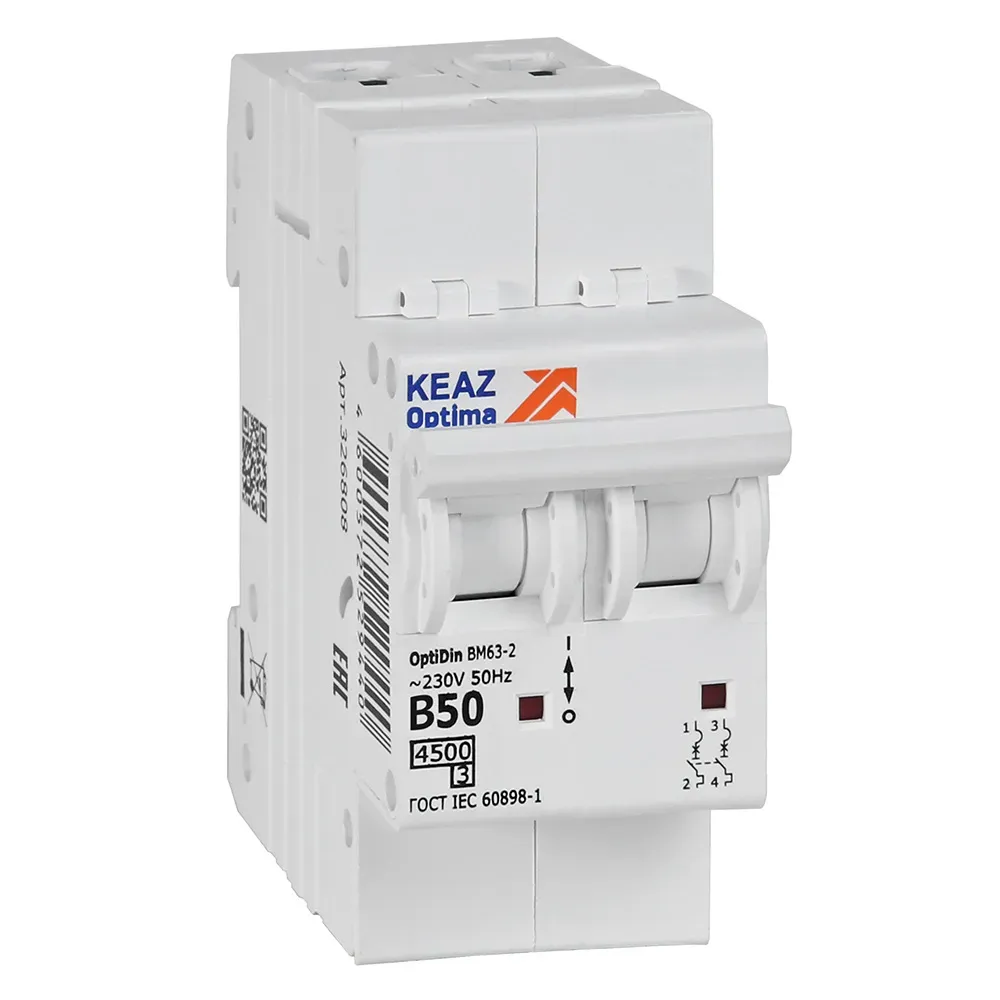 Выключатель автоматический двухполюсный 50а b 4,5ка ac optidin bm63-2b50-4,5-ухл3 КЭАЗ 329515