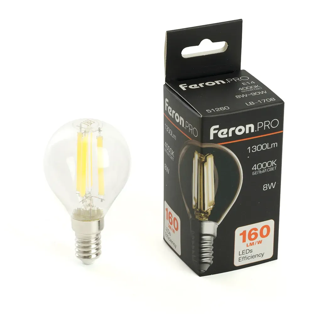Лампа светодиодная led 8вт е14 белый шар filament feron.pro STEKKER 51260