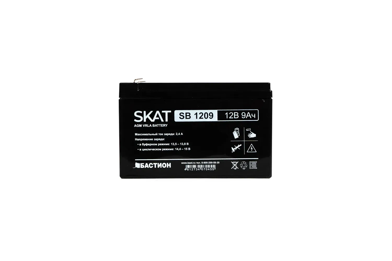Аккумулятор SKAT SB 1209 свинцово-кислотный тип AGM 12V 9Ач Iзар. 2,7 А, ножевые клеммы Бастион 2540