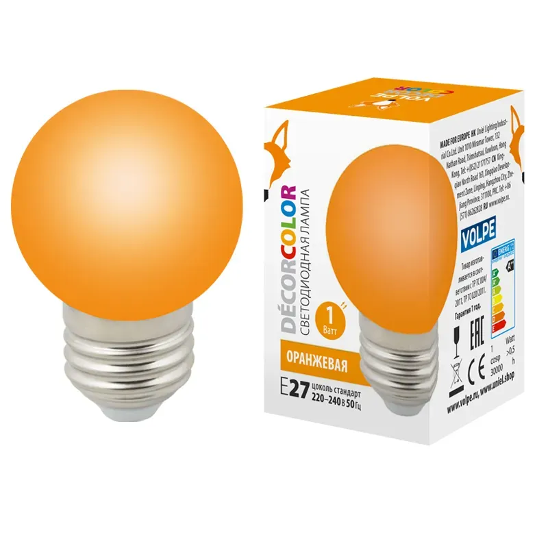 Лампа декоративная светодиодная led-g45-1w/orange/e27/fr/с форма шар матовая цвет оранжевый картон UNIEL UL-00005650