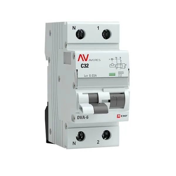 Автомат дифференциальный dva-6 1p+n 32а (c) 30ма (ac) 6ка averes EKF RCBO6-1PN-32C-30-AC-AV