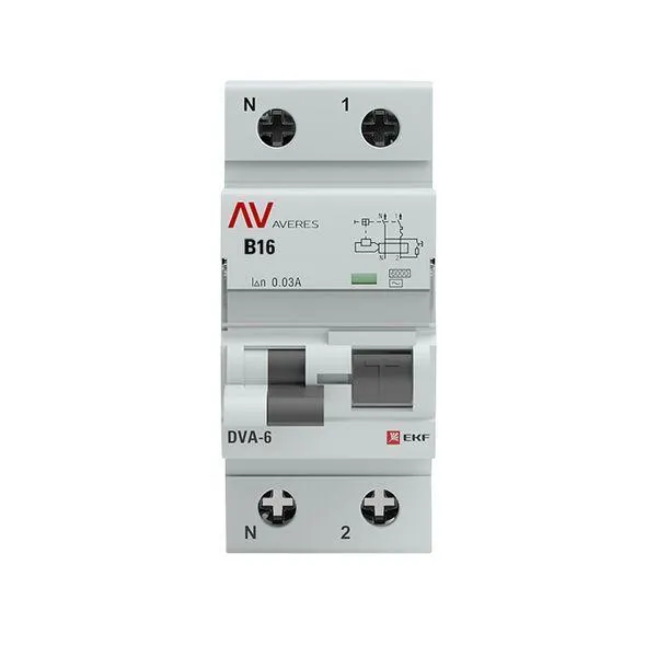 Автомат дифференциальный dva-6 1p+n 16а (b) 30ма (ac) 6ка averes EKF RCBO6-1PN-16B-30-AC-AV