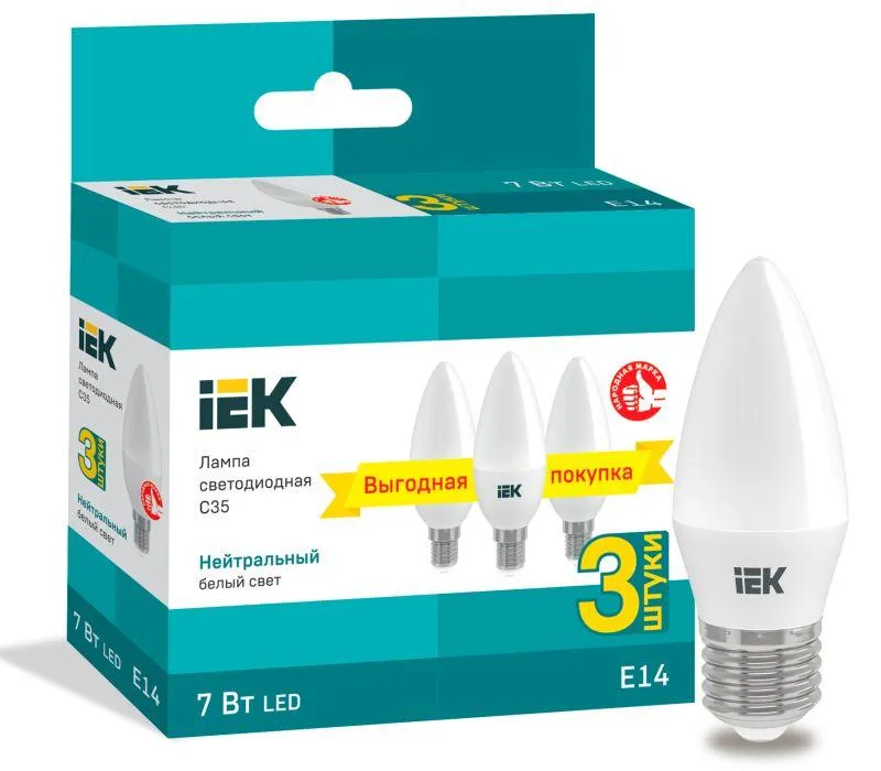 Лампа светодиодная c35 свеча 7вт 230в 4000к e14 (3шт/упак) iek IEK LLE-C35-07-230-40-E14-3