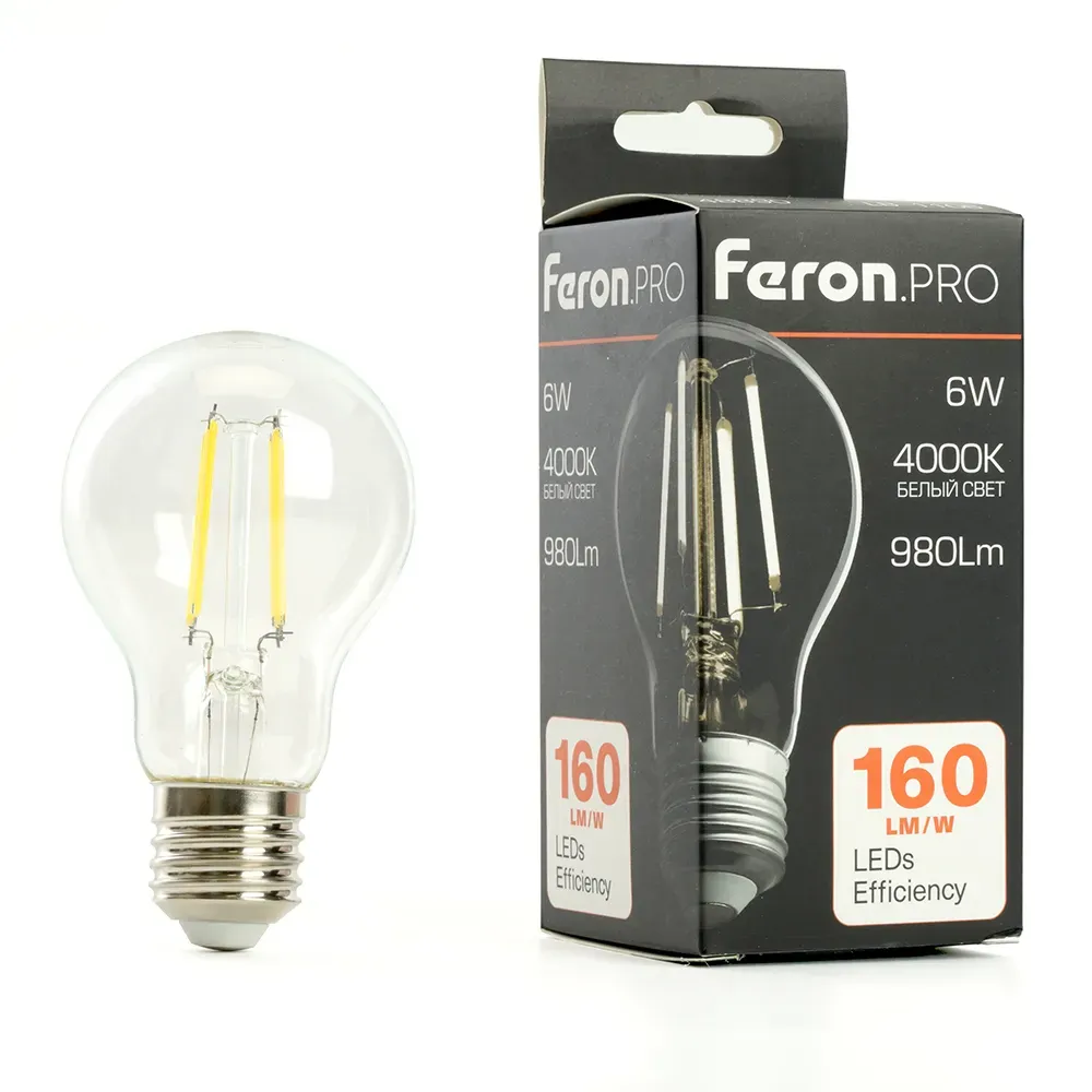 Лампа светодиодная LED 6вт Е27 белый FILAMENT Feron.PRO