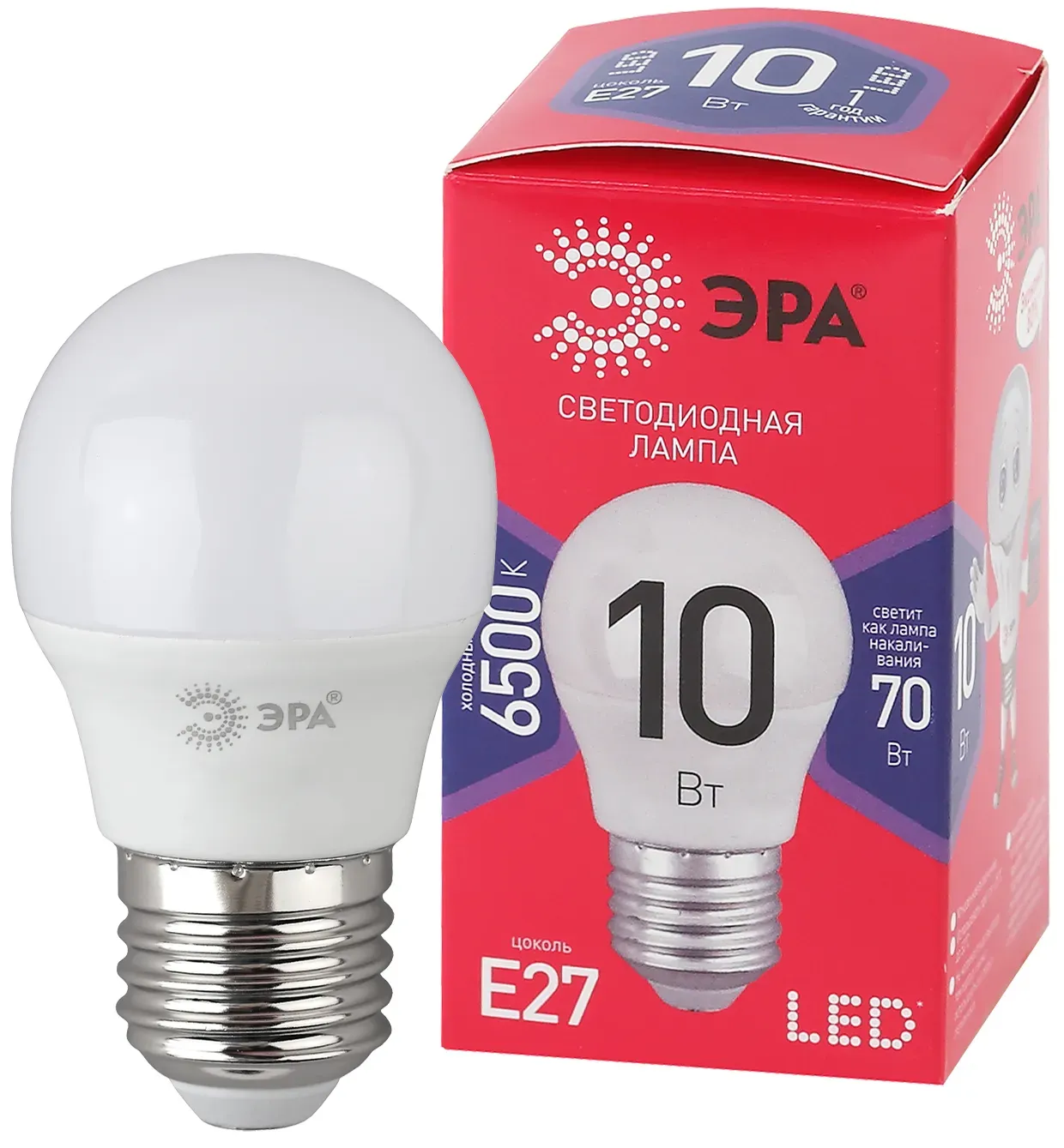 Лампа светодиодная led p45-10w-865-e27 r (диод, шар, 10вт, хол, e27) (10/100/3600) ЭРА Б0045355