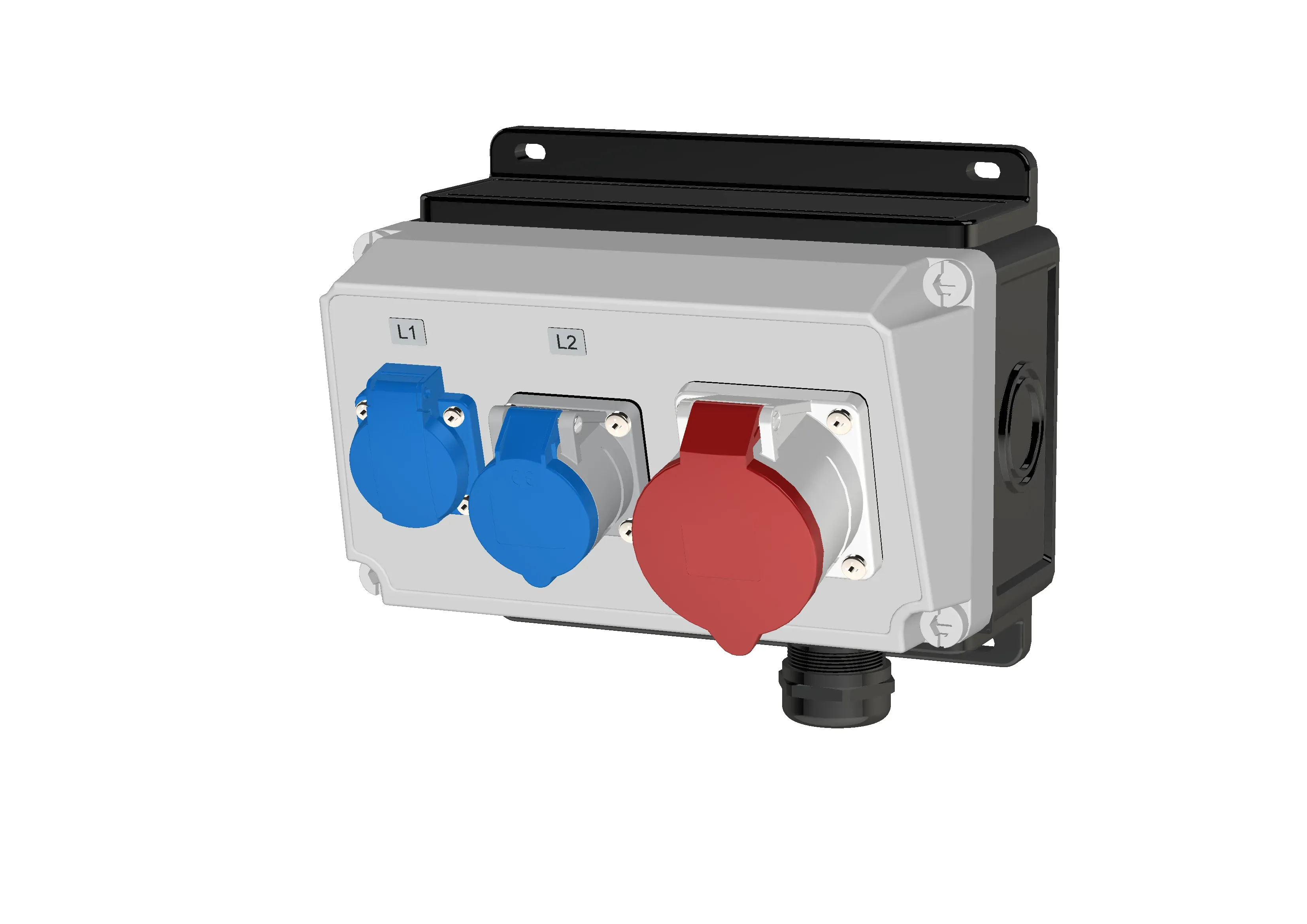 Комбинация розеток , Вход М40, клеммы, 1xCEE32A5p, 1xCEE16A5p, 1xSchuko, IP44 AlpenBox 1601003