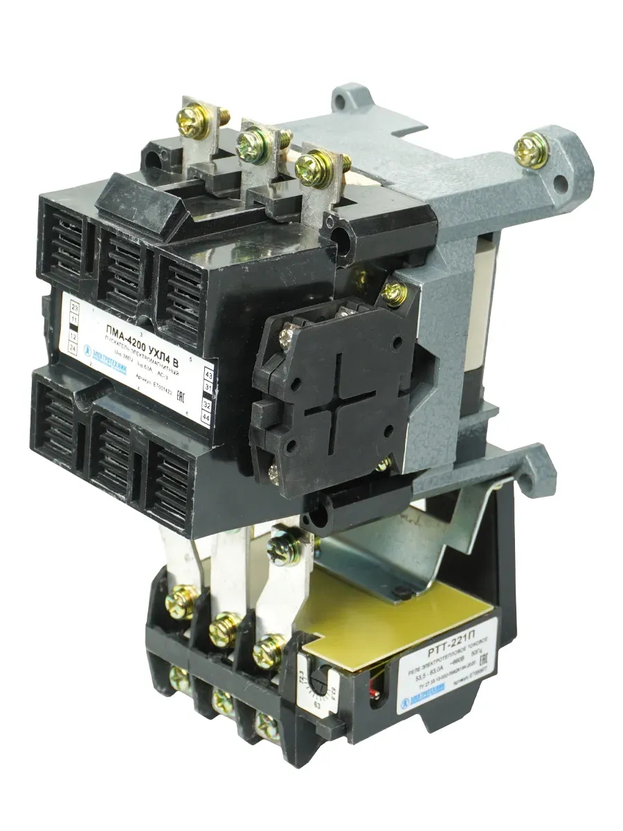 Пускатель электромагнитный ПМА-4200 УХЛ4 В, 220В, 2з+2р, 63А, нереверсивный, с реле РТТ-221П 53,5-63,0А, IP00 Электротехник ET001423