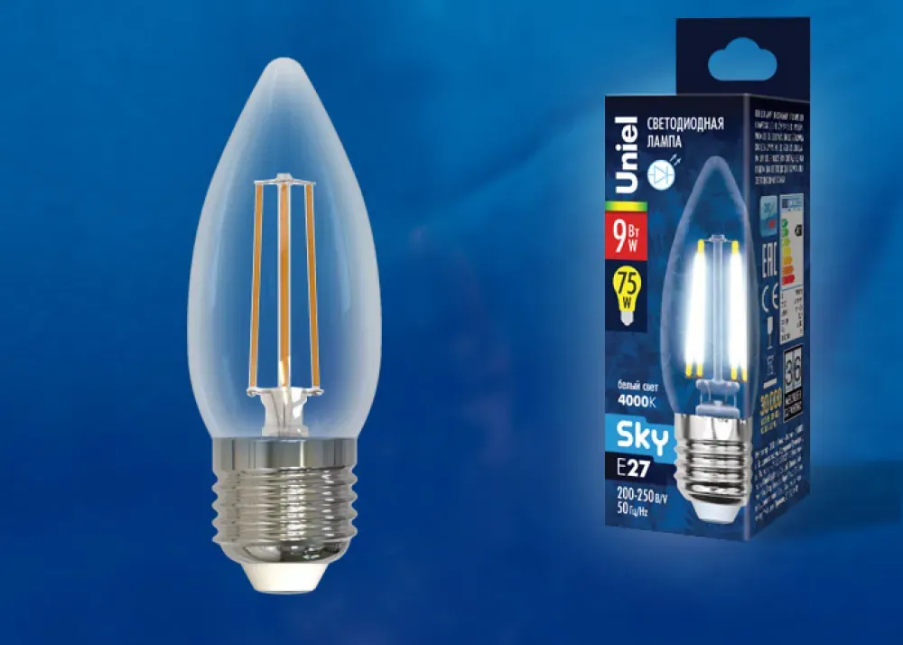 Лампа светодиодная форма свеча прозрачная серия sky белый свет (4000к) led-c35-9w/4000k/e27/cl pls02wh картон тм UNIEL UL-00005163