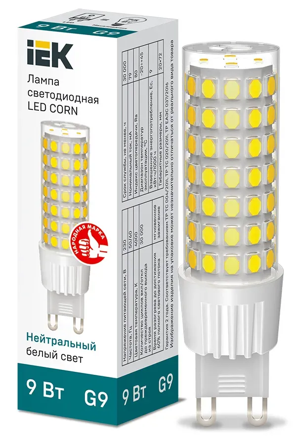 Лампа светодиодная CORN капсула 9Вт 230В 4000К керамика G9 IEK IEK LLE-CORN-9-230-40-G9