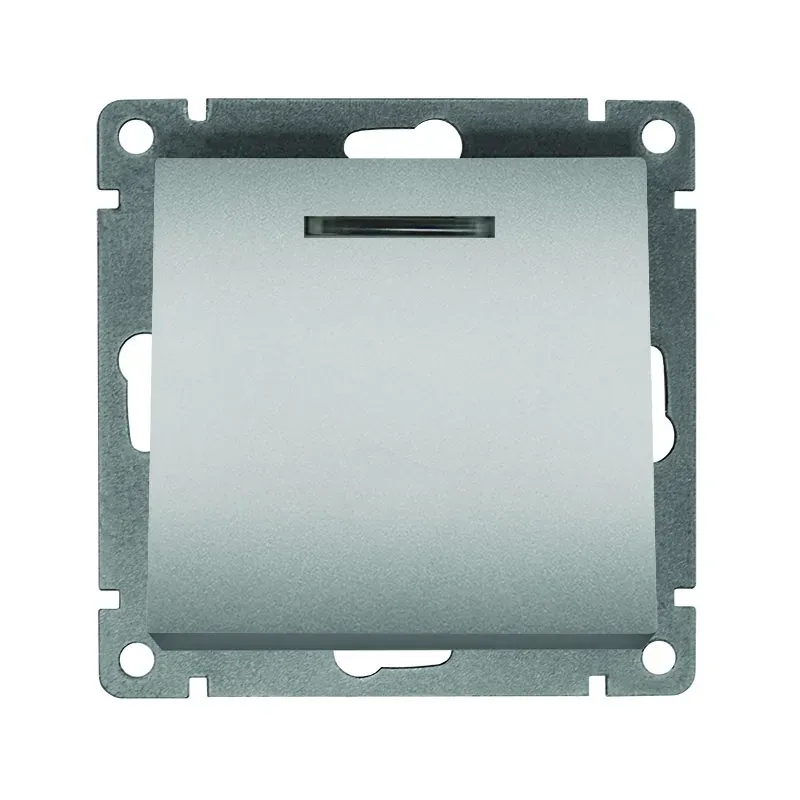 Выключатель одноклавишный с подсветкой серия Афина , с/у, 10А, 220В, серебро (еврослот) Универсал A0121-S