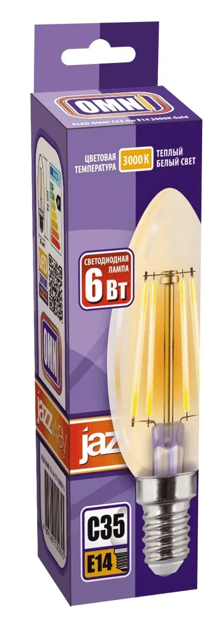 Лампа сетодиодная декоративная LED 6w E14 3000K свеча золотая филамент 230/50