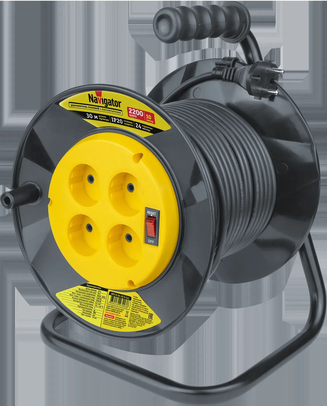 Удлинитель силовой NPE-R-04-30-X-2x1 на пластиковой катушке с термовыключателем 4 гнезда б/з 30м ПВС 2х1 2200 Вт IP20 Navigator Group 29834