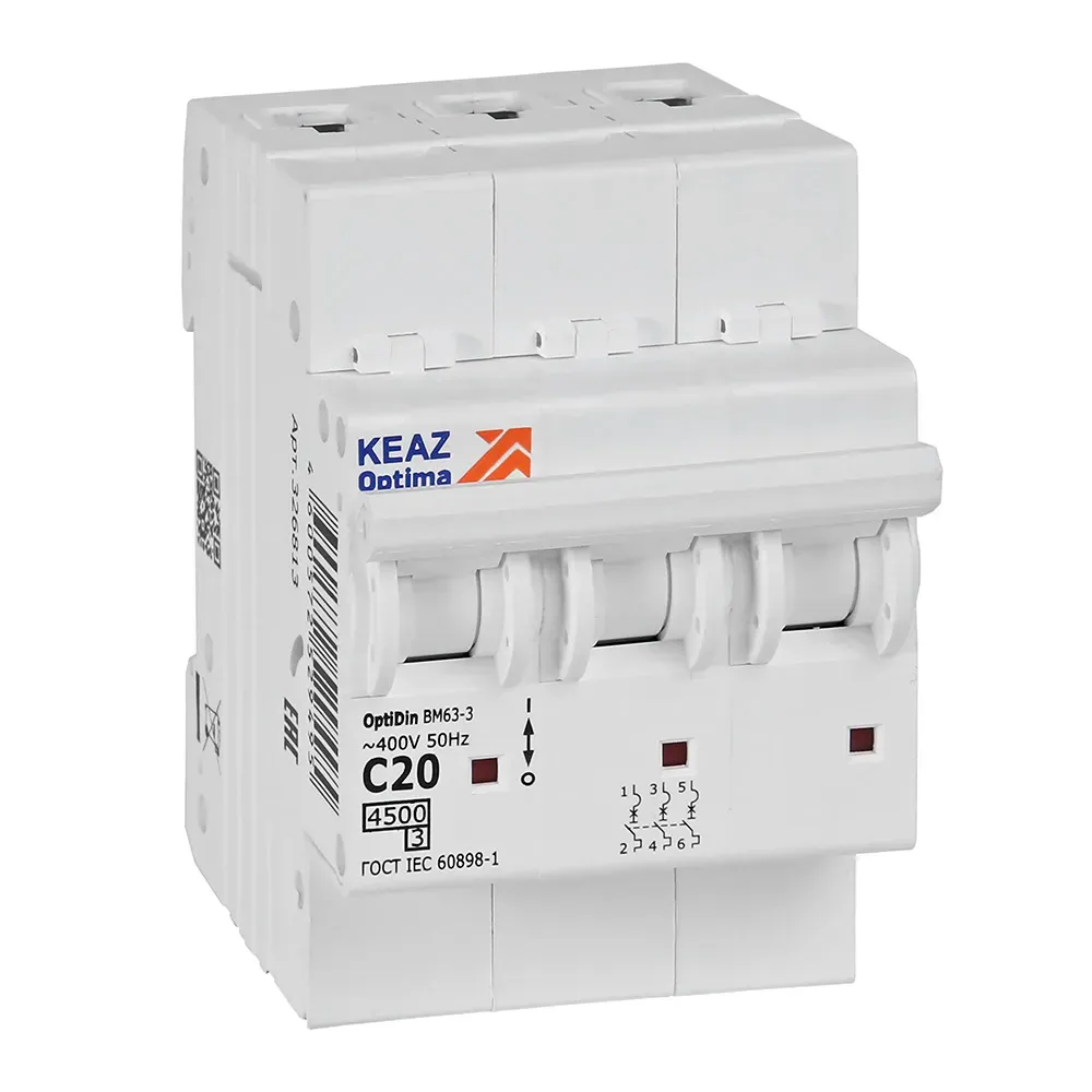 Выключатель автоматический трехполюсный 20а c 4,5ка ac optidin bm63-3c20-4,5-ухл3 КЭАЗ 326813