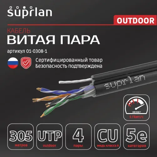 Витая пара Premium UTP Cat.5e 4x2x0,51 Cu PE Outdoor T-FG8 (трос) 305м