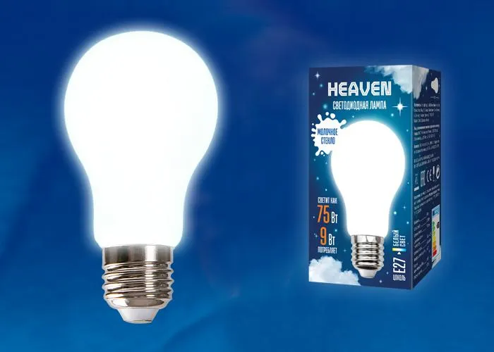 Лампа светодиодная led-a60-9w/4000k/e27/fr glh01wh форма a матовая  heaven (4000k) картон UNIEL UL-00004842