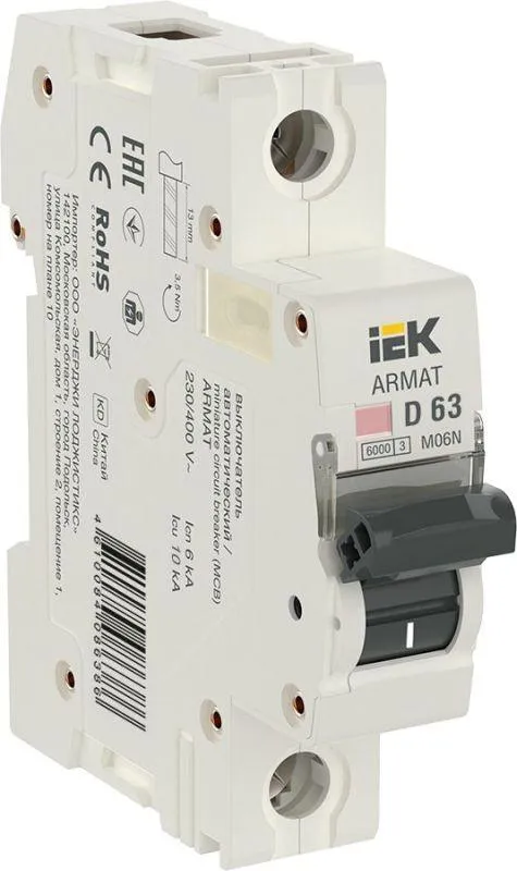 Armat выключатель автоматический двухполюсный d 63а m06n IEK AR-M06N-2-D063