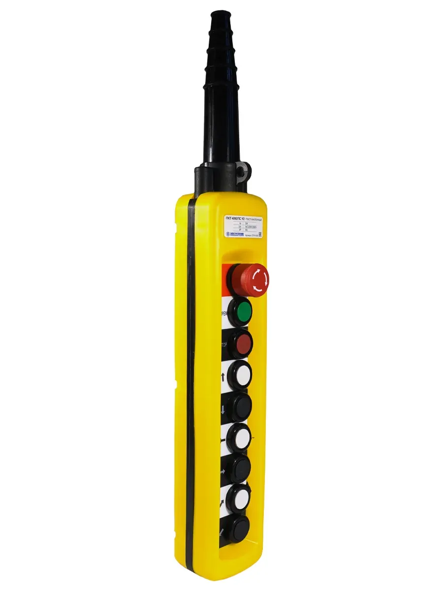 Пост кнопочный ПКТ-60БПС У2, IP65, кнопка Блокировка с фиксацией (красная), кнопка Пуск с фиксацией, вверх, вниз, влево, вправо, вперёд, назад, 7NO+1NC Электротехник ET011055