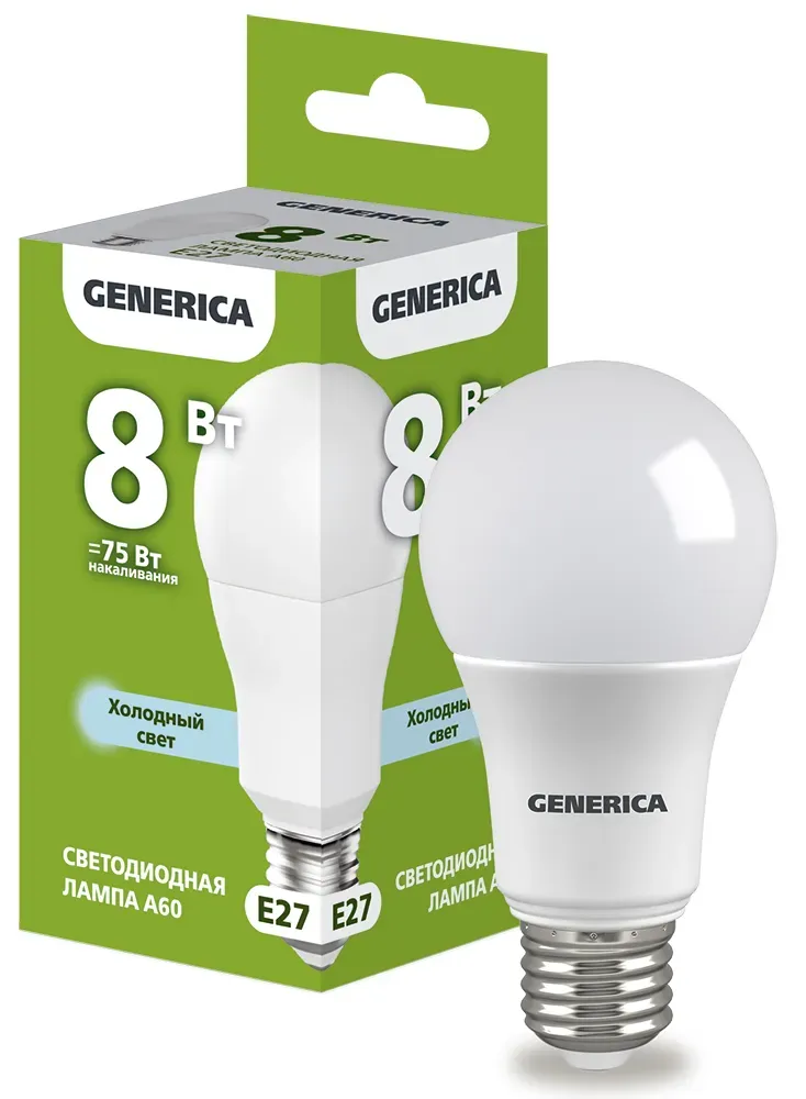 Лампа светодиодная a60 груша 8вт 230в 6500к e27 generica IEK LL-A60-08-230-65-E27-G