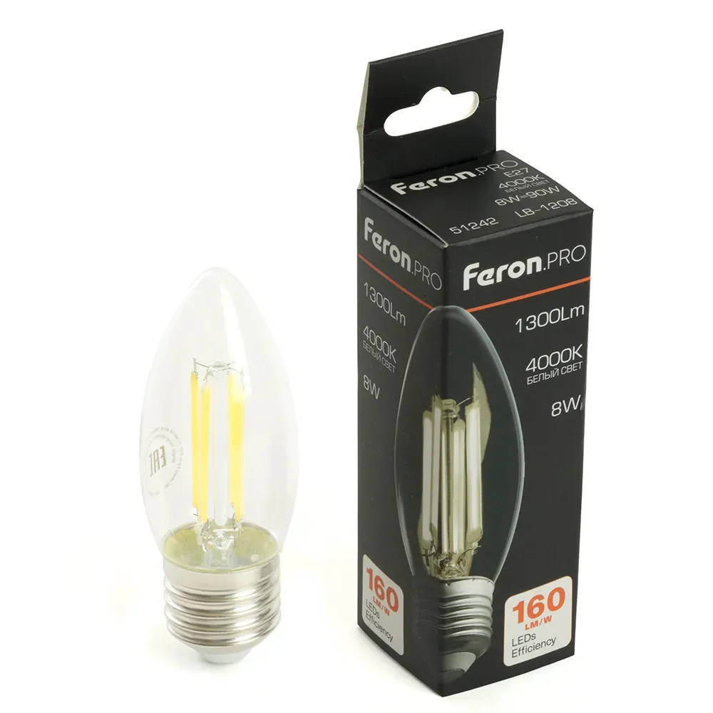 Лампа светодиодная led 8вт е27 белый свеча filament feron.pro STEKKER 51242