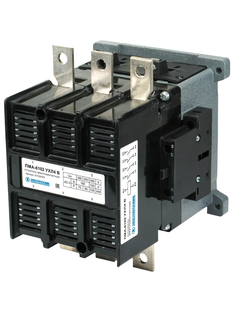 Пускатель электромагнитный ПМА-6102 УХЛ4 В, 380В, 2з+2р, 160А, нереверсивный, без реле, IP00 Электротехник ET255379