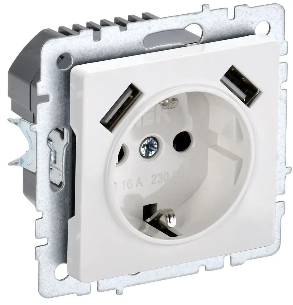 BRITE Розетка 1 пост с заземлением с защитными шторками 16А с USB A+A 5В 3,1А РЮш10-2-БрБ белый IEK BR-R14-16-U21-D31-K01