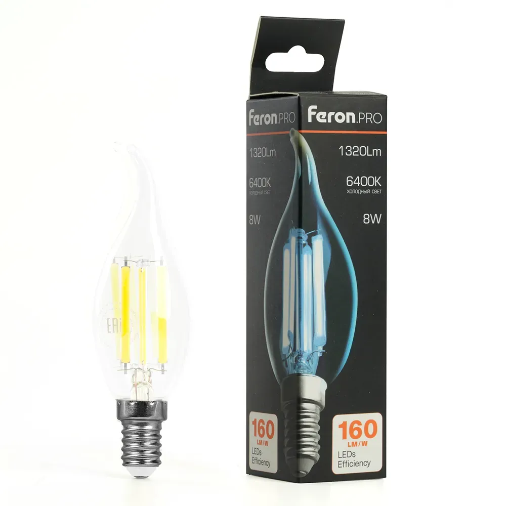 Лампа светодиодная LED 8вт Е14 дневной свеча на ветру FILAMENT Feron.PRO