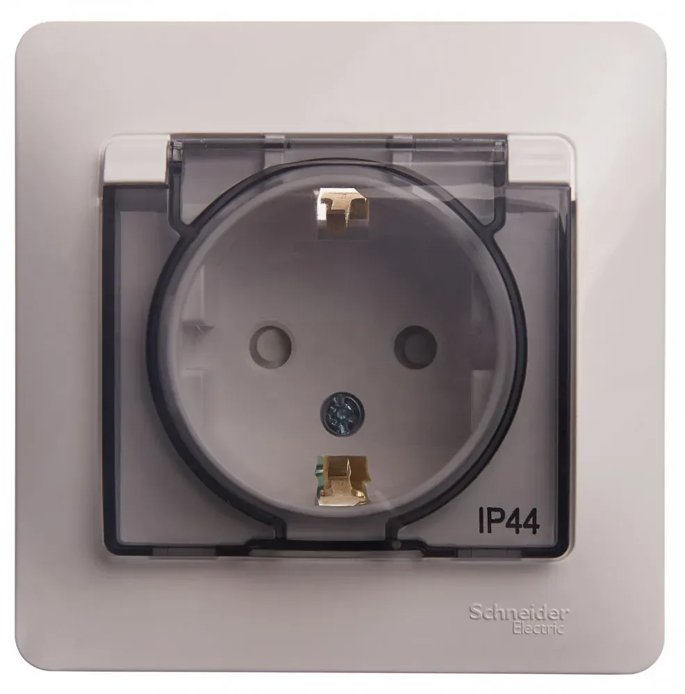 GLOSSA Розетка с заземлением со шторками с крышкой белая в сборе IP44 SE (Потенциал) GSL000148