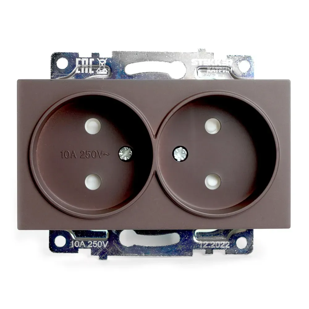 Розетка двухместная с защитной шторкой (механизм) б/з, 250В, 10А, серия Катрин, шоколад Stekker FERON 49026
