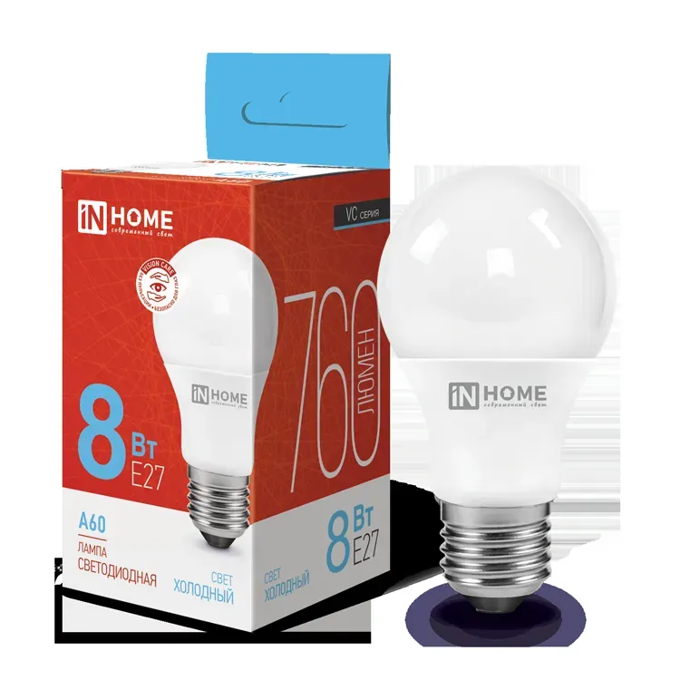 Лампа светодиодная led-a60-vc 8вт 230в е27 6500к 760лм in home IN-HOME 4690612024042