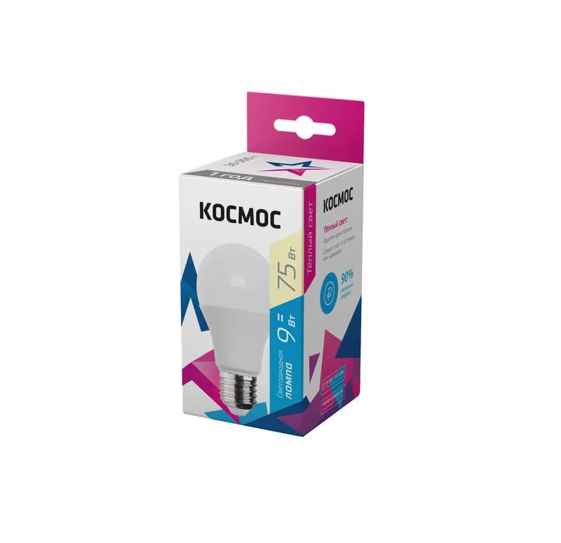 Лампа светодиодная led 9вт 220в е27 d55х98 3000к теплый 720 лм a55 КОСМОС LKECLED9WA55E2730