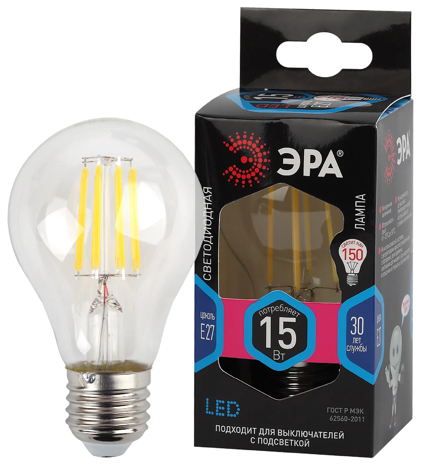 Лампа светодиодная f-led a60-15w-840-e27 (филамент, груша, 15вт, тепл, е27) (10/100/1500) ЭРА Б0046983