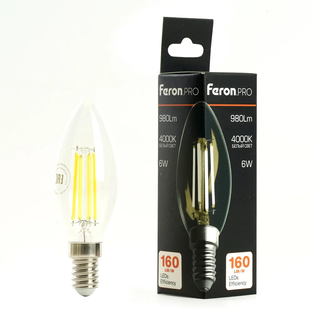 Лампа светодиодная LED 6вт Е14 теплый свеча FILAMENT Feron.PRO