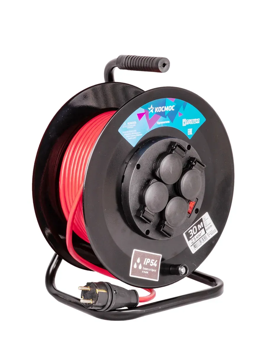 Удлинитель КОСМОС катушка 16А 4 гн ПВС 3*2,5 30м IP54  с заземлением КОСМОС YKKsm30m-4g-Z(2,5)IP
