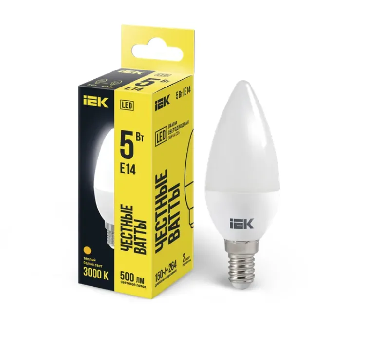 Лампа светодиодная c35 свеча 5вт 230в 3000к e14 iek IEK LLE-C35-5-230-30-E14