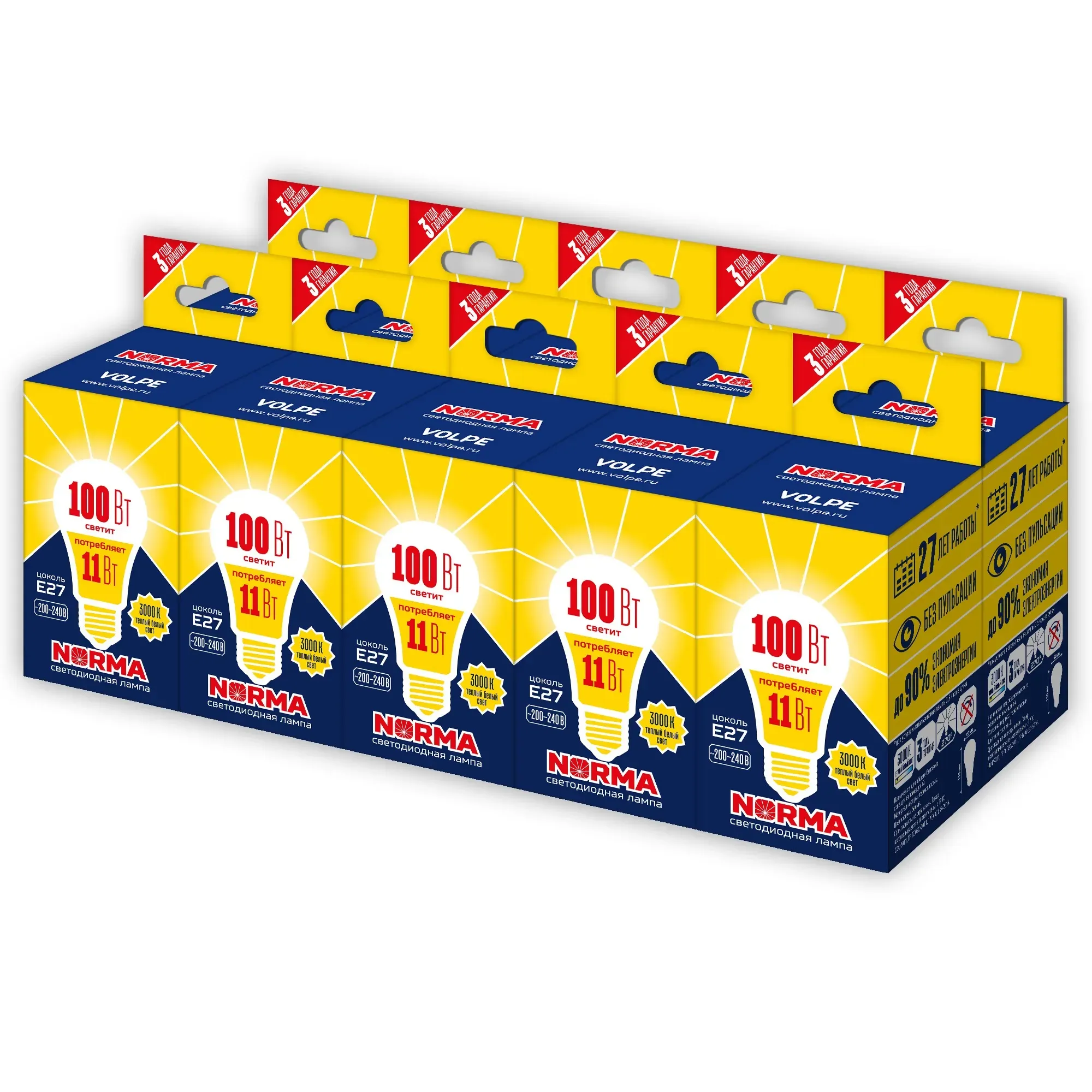 Лампа светодиодная 10 вт патрон е27 форма a матовая серия norma теплый белый свет 3000k картон тм volpe led-a60-11w/ww/e27/fr/nr набор из 10штук UNIEL UL-00012551