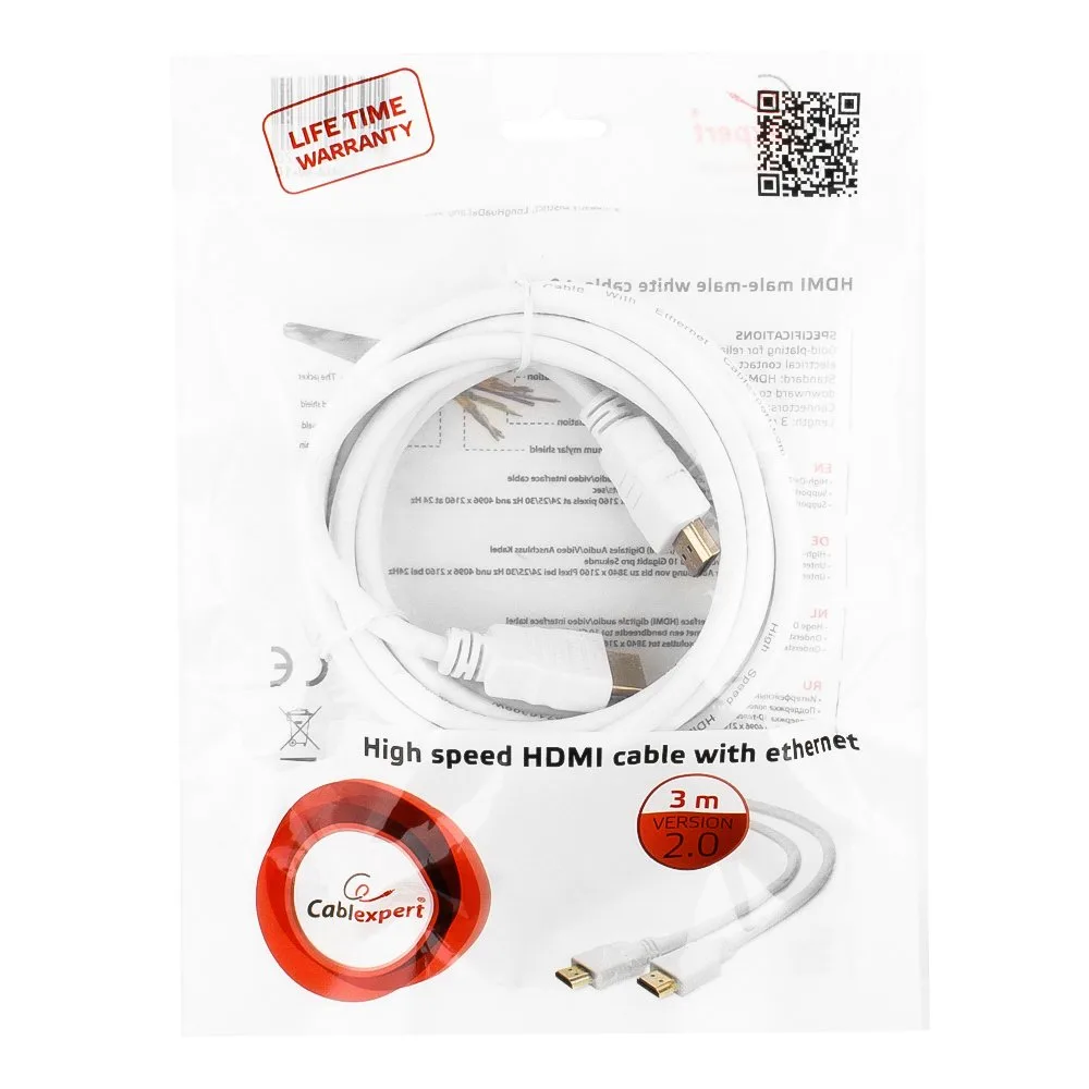 Кабель HDMI Cablexpert CC-HDMI4-W-10, 3м, v2.0, 19M/19M, белый, позол.разъемы, экран, пакет