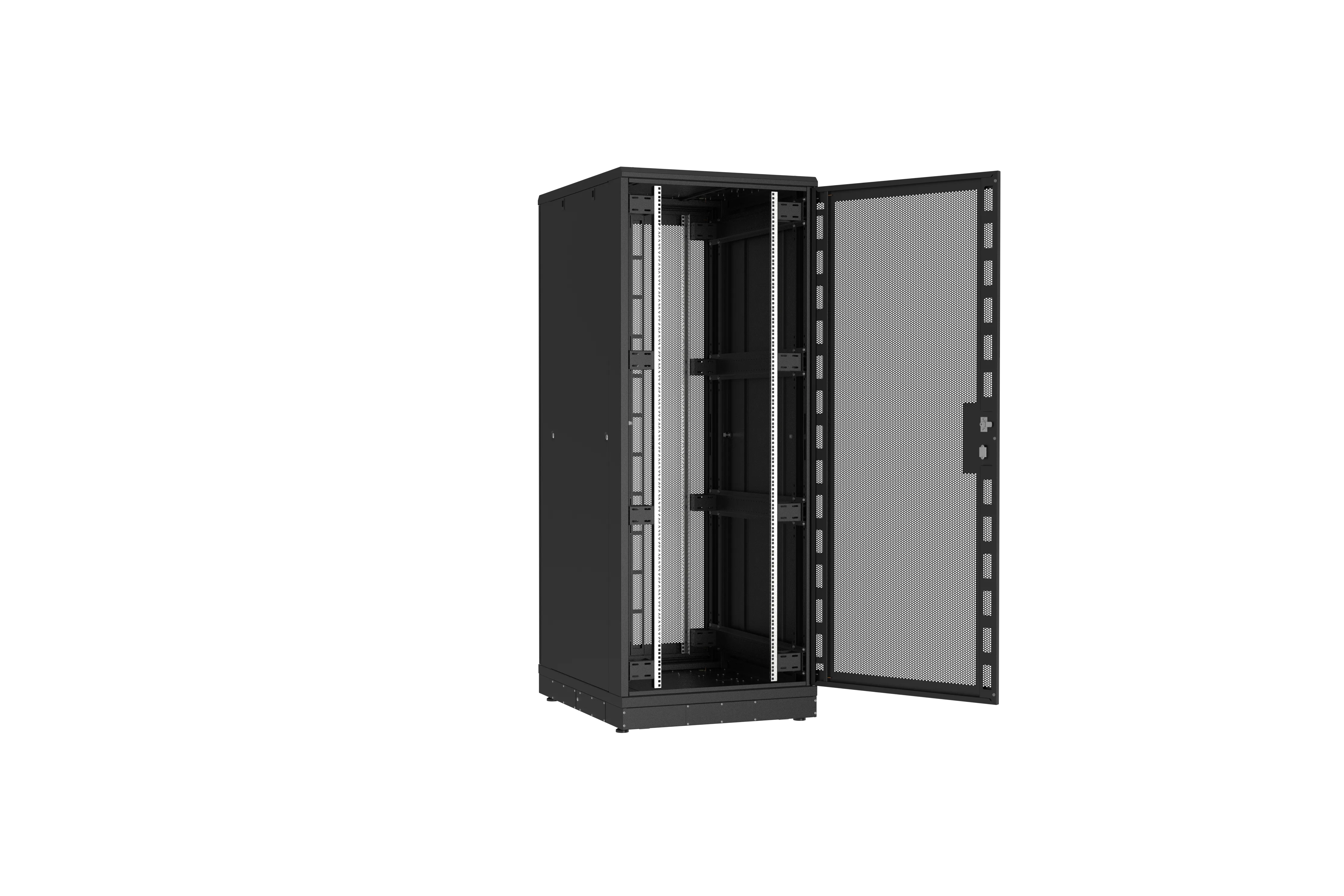 Напольный шкаф NIKOMAX серии TFR-R2 19", 42U, двери перфорированные, одностворчатая и двустворчатая, металлические стенки, Ш800хВ2010хГ1000мм, в разобранном виде, черный TFR-428010-PMWM-R2-BK