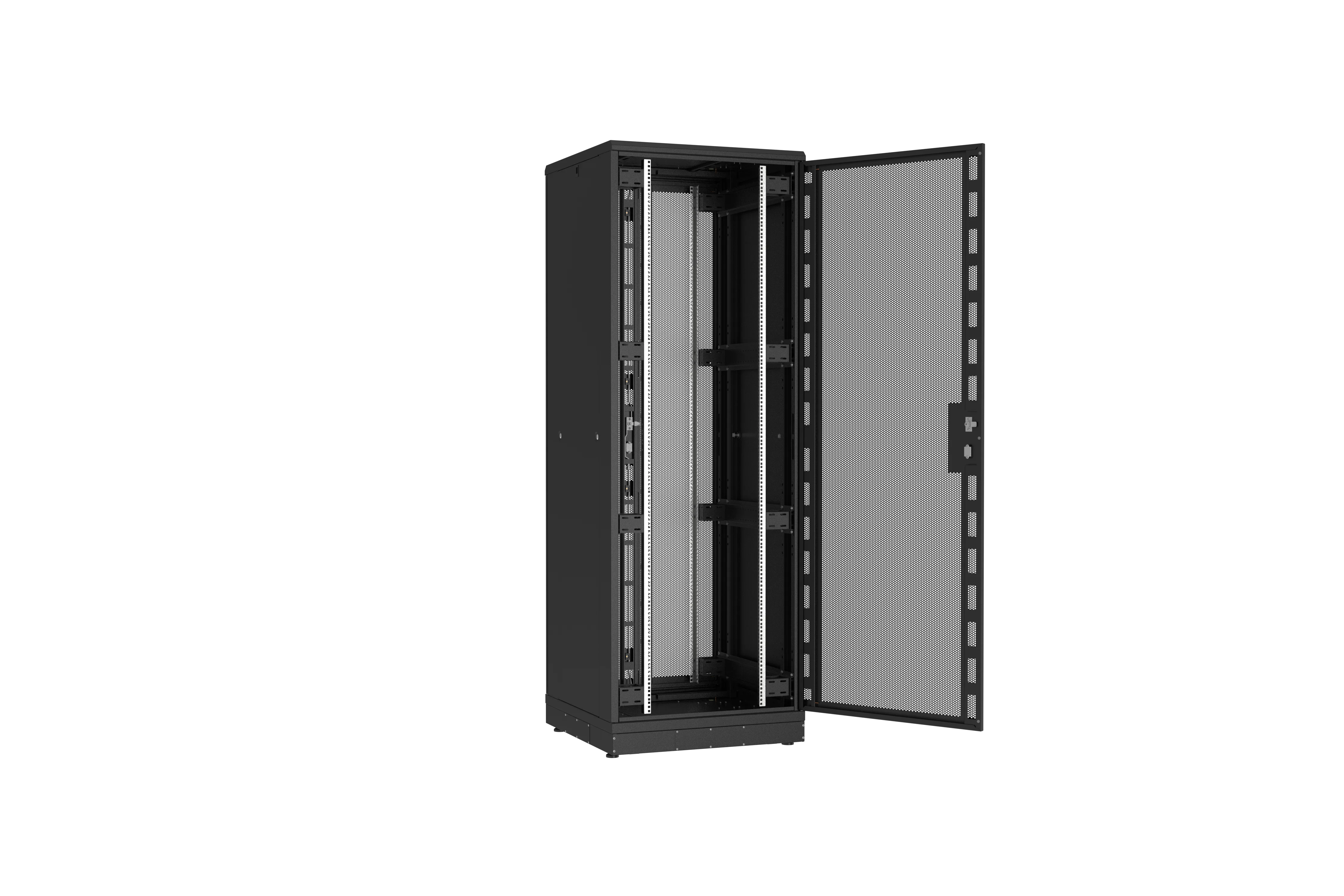 Напольный шкаф NIKOMAX серии TFR-R2 19", 47U, двери перфорированные, одностворчатая и двустворчатая, металлические стенки, Ш800хВ2232хГ800мм, в разобранном виде, черный TFR-478080-PMWM-R2-BK