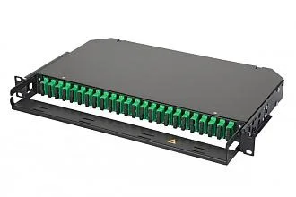 Коммутационная панель ВО Eurolan 47C-24, 1HU, портов: 24 SC/APC (Duplex) OS2, установлено адаптеров: 16 невыдвижная, прямая, орг-йзер: предустановлен, цвет: чёрный, монтажные шнуры, КДЗС 47c-24-s2-2s-16-11bl-a