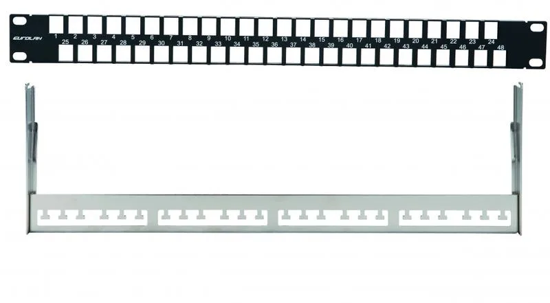 Коммутационная патч-панель наборная Eurolan, 19", 1HU, портов: 48 х keystone, кат. 5-7A, универсальная, экр., с задним кабельным организатором, цвет: чёрный, (27F-00-48BL)