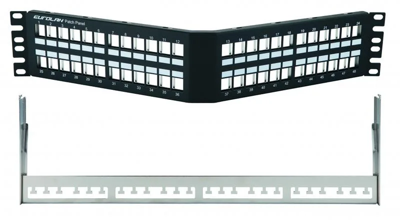 Коммутационная патч-панель наборная Eurolan, 19", 2HU, портов: 48 х keystone, кат. 5-7A, экр., с задним кабельным организатором (без модулей), цвет: чёрный, (27A-00-48BL)