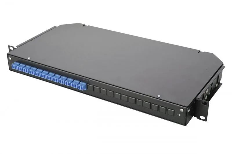 Коммутационная панель ВО Eurolan 47C-24, 1HU, портов: 24 LC/UPC (Duplex) OS2, установлено адаптеров: 8 невыдвижная, прямая, орг-йзер: предустановлен, цвет: чёрный, монтажные шнуры, КДЗС 47c-24-s2-2l-08-11bl