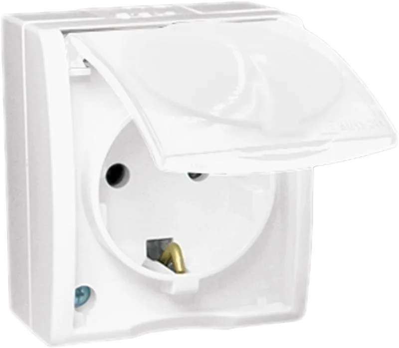 15 Aqua Розетка 2Р+Е Schuko со шторками с крышкой полупр. IP54 16А 250В винтовой зажим S15A белый SIMON 1594432-030