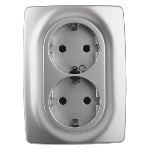 Розетка 2X2P+E Schuko со шторками , 16A-250В, Эра12, алюминий, 12-2108-03 б0036444