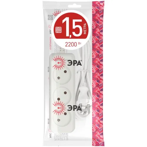 Удлинитель без зазeмл., 2х1мм2, 10А, ПВС, 3гн, 1,5м (20/600) U-3-1,5m-2x1