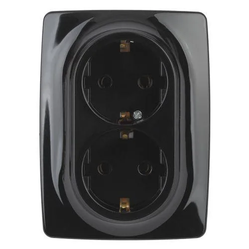 Розетка 2X2P+E Schuko со шторками , 16A-250В, Эра12, чёрный, 12-2108-06 б0036447