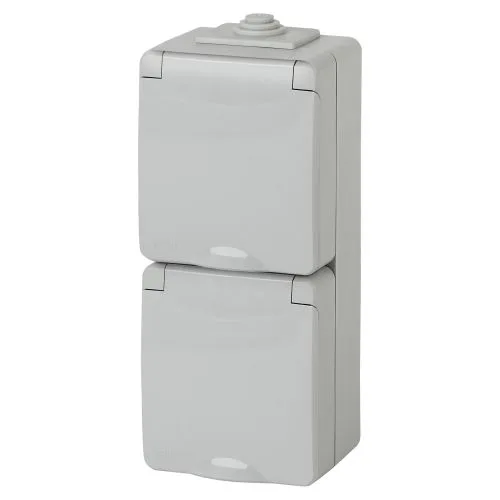Розетка 2х2P+E верт. IP65, шторки, 16A-250В, ОУ, Эра Эксперт, серый, 11-2608-03 Б0036003