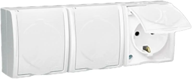15 Aqua Розетка тройная 2Р+Е Schuko со шторками с крышкой полупр. IP54 16А 250В винт.зажим S15A белый SIMON 1594447-030
