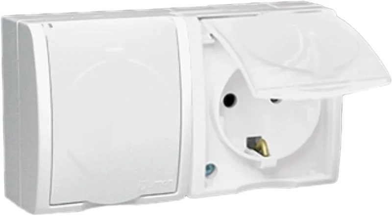 15 Aqua Розетка двойная 2Р+Е Schuko со шторками с крышкой полупр. IP54 16А 250В винт.зажим S15A белый SIMON 1594443-030