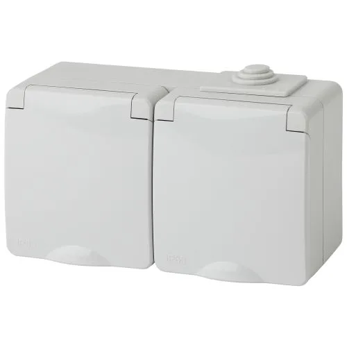 Розетка 2х2P+E гориз. IP65, шторки, 16A-250В, ОУ, Эра Эксперт, серый, 11-2604-03 Б0035992